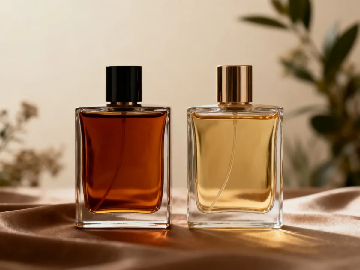 Dwie eleganckie butelki perfum symbolizujące Extrait de Parfum i Eau de Parfum