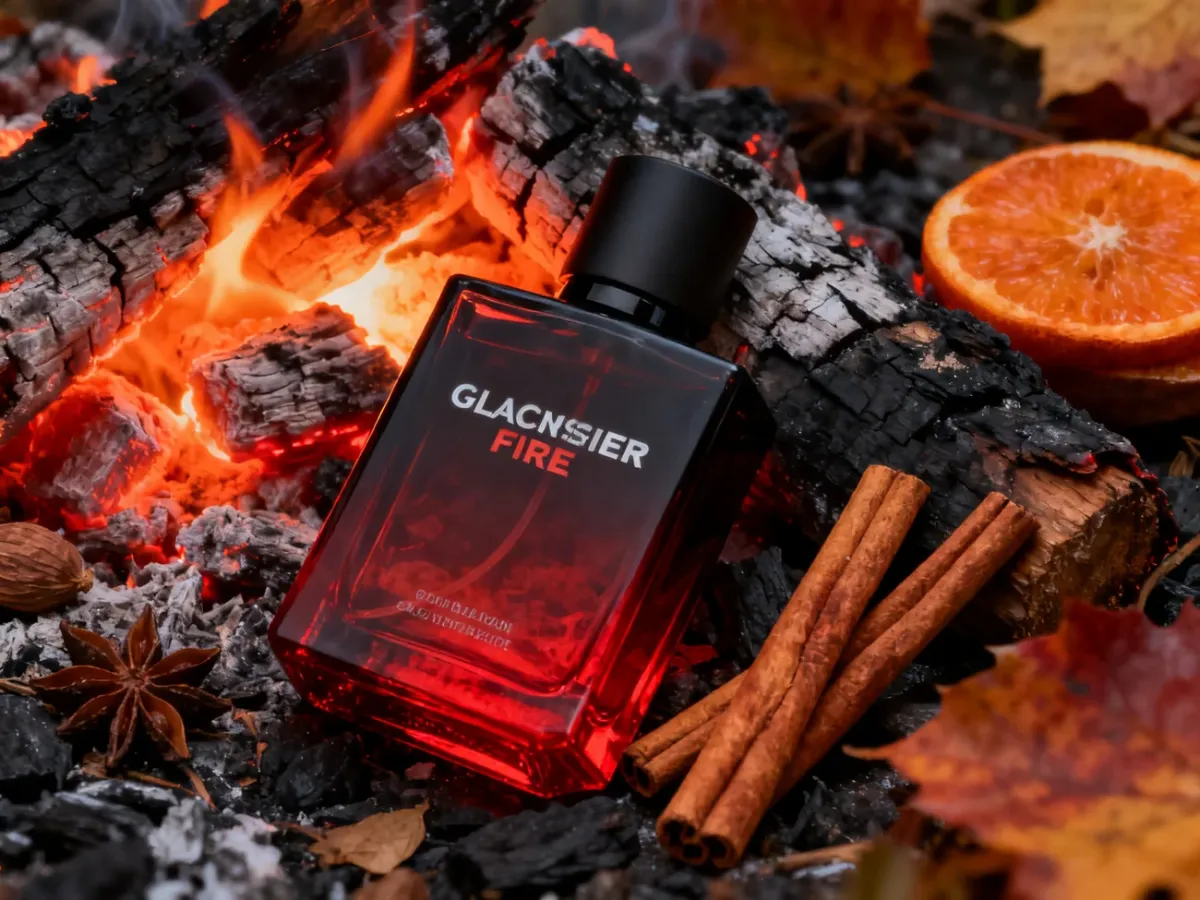 Flakon Glacier Fire otoczony żarem i korzennymi przyprawami