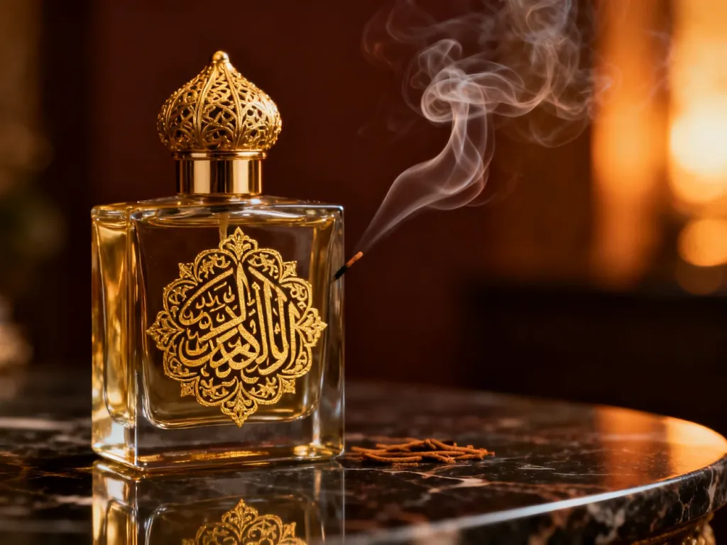 Elegancki flakon arabskich perfum z misternymi złotymi zdobieniami na tle dymu kadzidlanego i ciemnego marmuru.