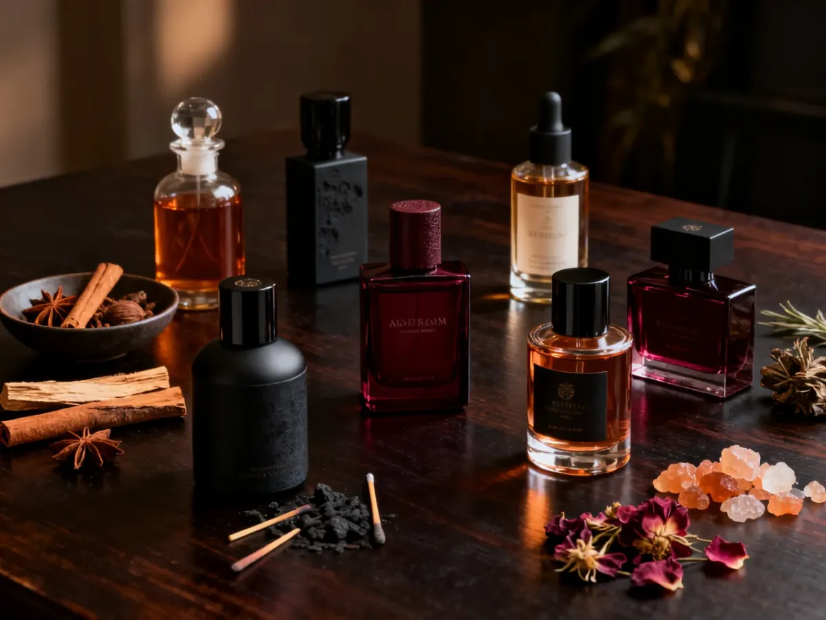 Niszowe flakony perfum otoczone naturalnymi składnikami zapachowymi