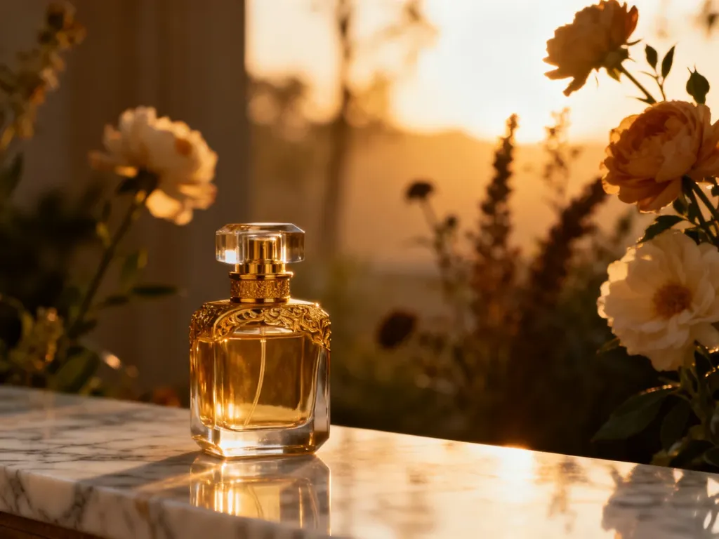 Luksusowy flakon perfum Gucci na marmurowym blacie w otoczeniu kwiatów, podkreślający elegancję i prestiż zapachu.