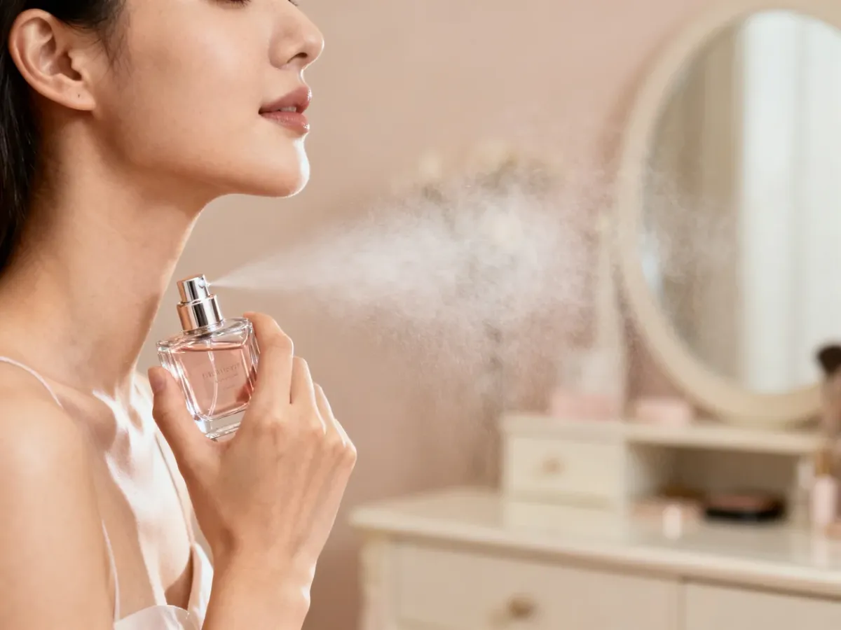 Kobieta delikatnie aplikuje perfumy na szyję