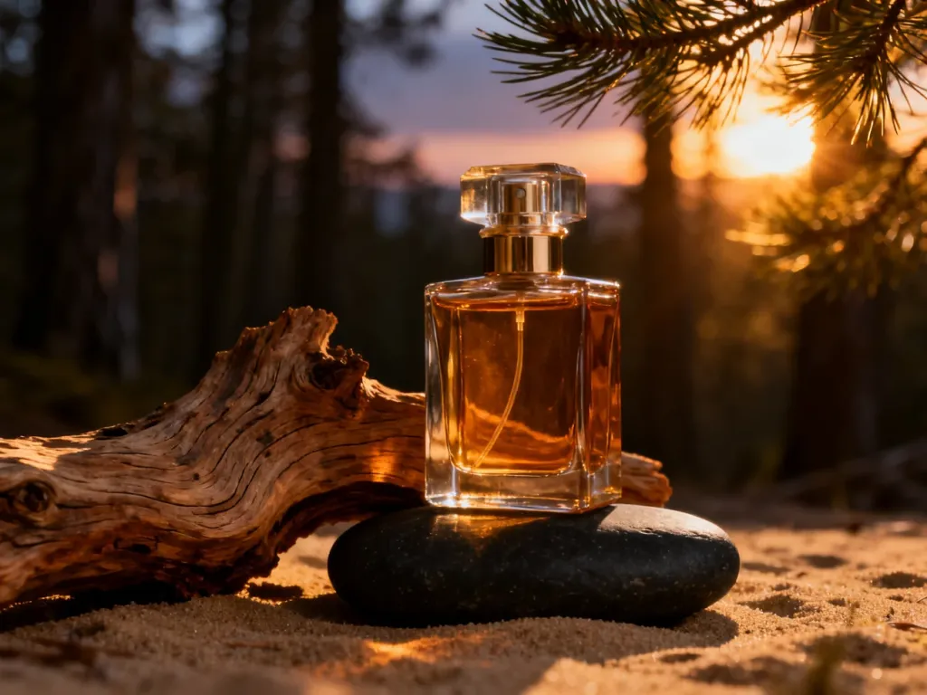 Elegancki flakon perfum na kawałku drewna sandałowego i kamieniu, w tle rozmyty las w świetle zachodzącego słońca.