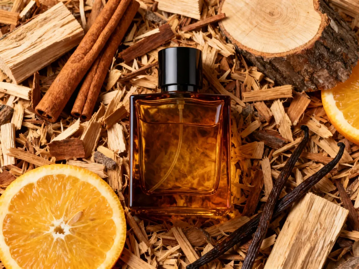Flakon męskich perfum otoczony cytrusami, przyprawami, wanilią i drewnem