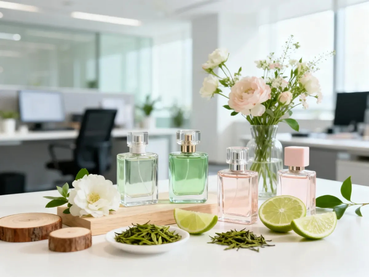 Subtelne perfumy damskie i nuty zapachowe na biurku w nowoczesnym biurze