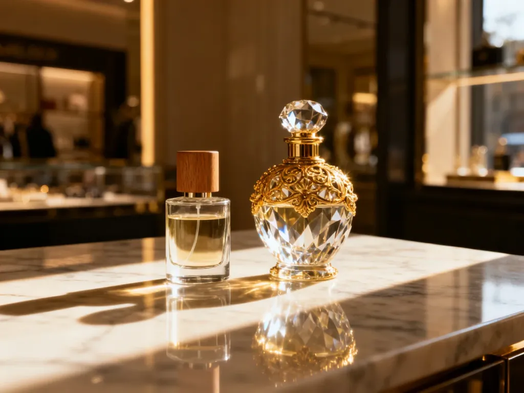 Dwa flakony perfum na marmurowym blacie: minimalistyczny niszowy oraz zdobiony luksusowy, zestawione w eleganckim świetle.