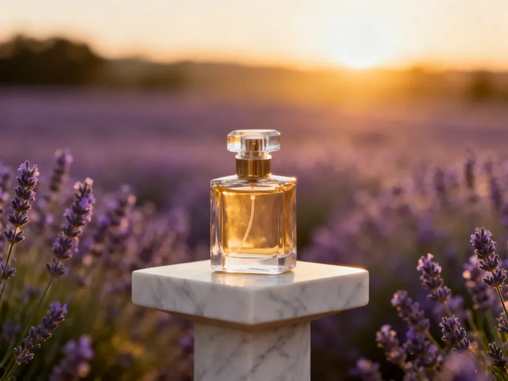 Elegancki flakon perfum na marmurowym postumencie na tle rozmytego pola lawendy w promieniach zachodzącego słońca.