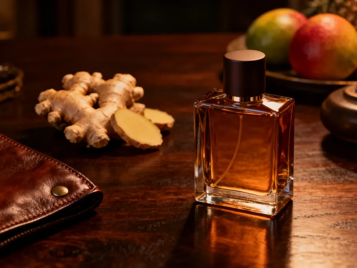 Męskie perfumy w ciepłej wieczorowej aranżacji z imbirem, owocami i skórą