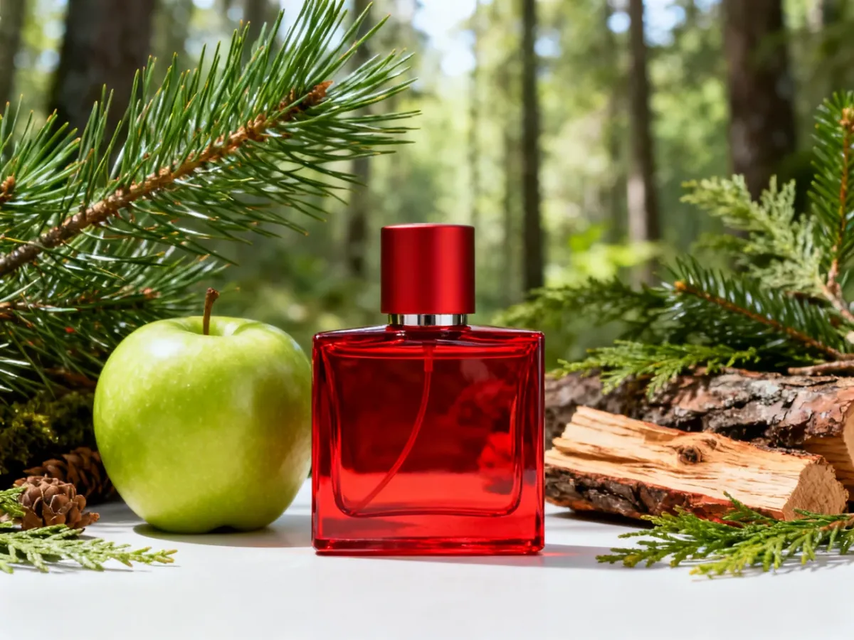 Sportowy męski flakon perfum w otoczeniu zielonego jabłka, sosny i drewna cedrowego