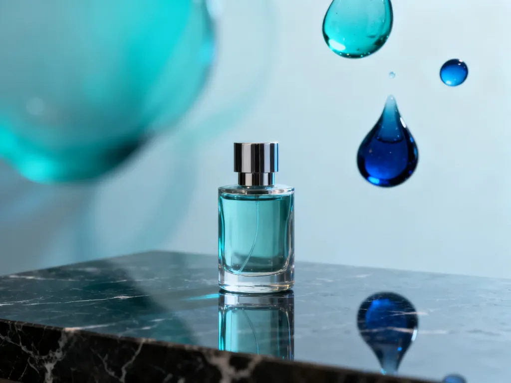 Elegancki flakon perfum Hugo XY na marmurowym blacie w otoczeniu artystycznych, błękitnych rozprysków wody.