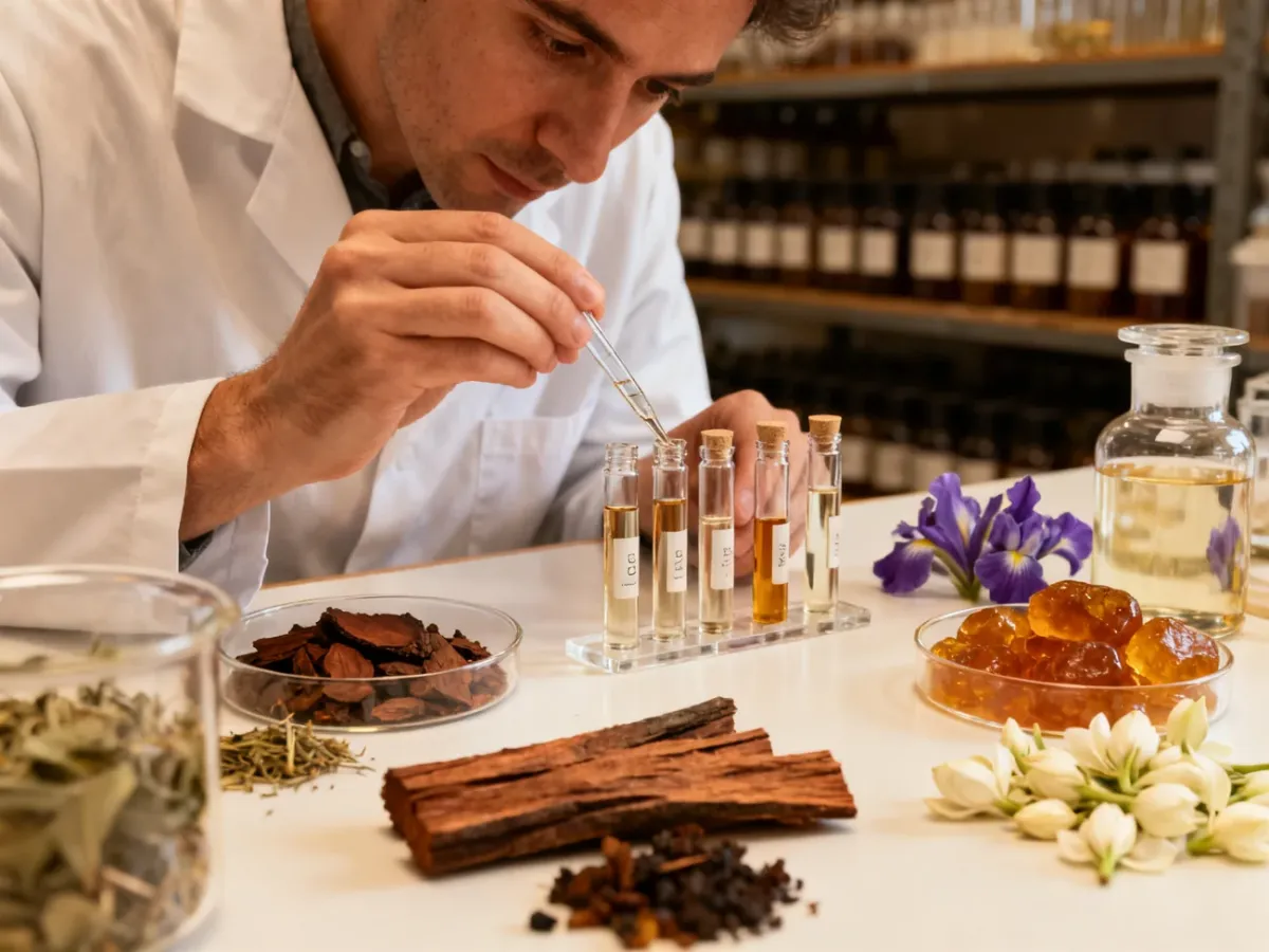 Perfumiarz komponujący zapach w pracowni z różnorodnymi składnikami