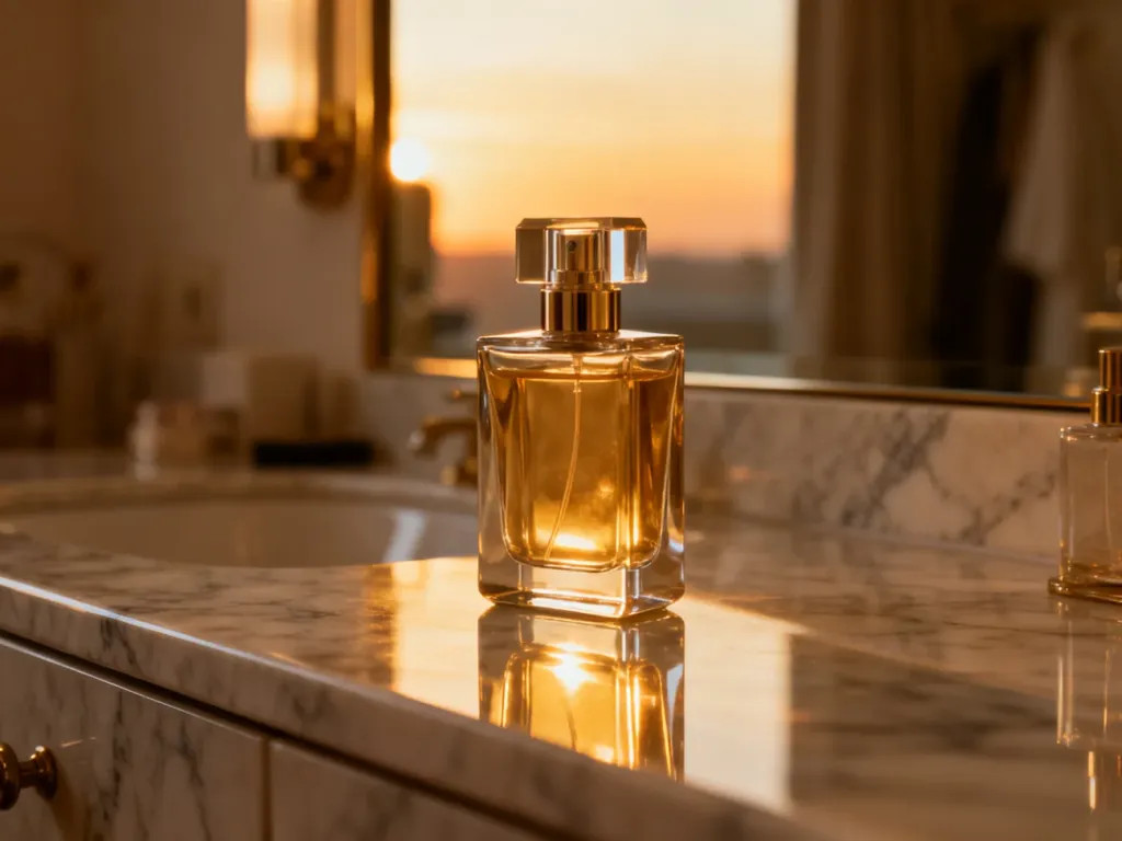 Elegancki flakon perfum Hugo Boss na marmurowym blacie w luksusowym wnętrzu o ciepłym, zachodzącym świetle.