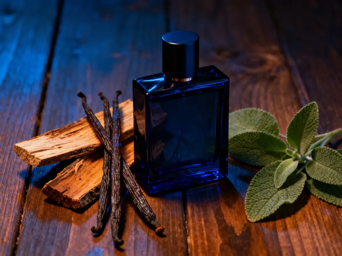 Elegancki flakon perfum obok wanilii, drewna sandałowego i paczuli