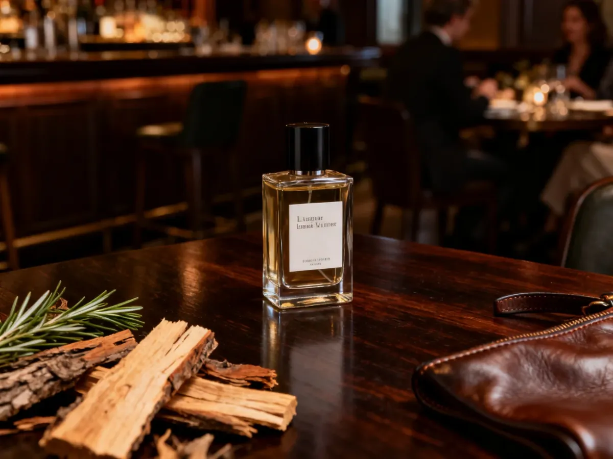 Eleganckie drzewno-skórzane perfumy na stoliku w barze