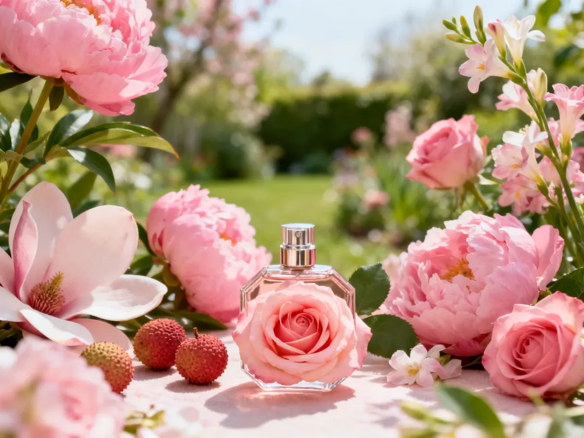 Flakon perfum wśród róż i różowych piwonii