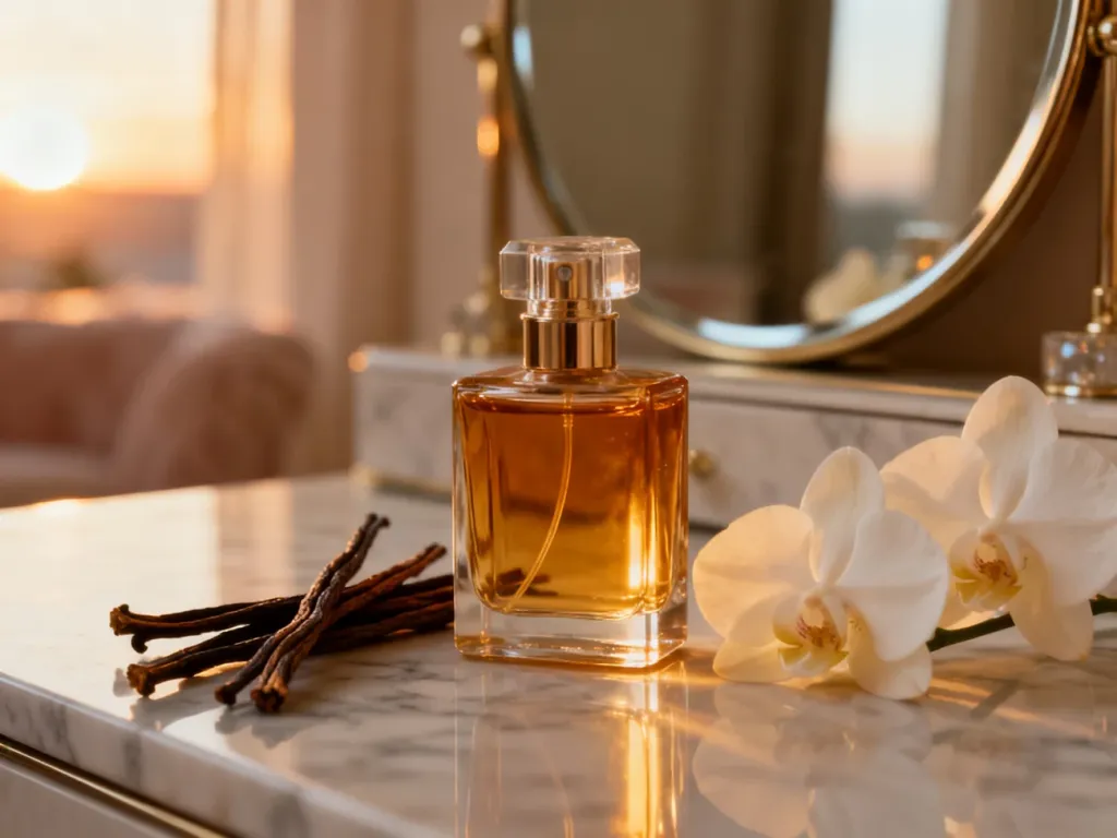 Elegancki flakon perfum z waniliowym płynem, otoczony laskami wanilii i kwiatami orchidei na marmurowym blacie.