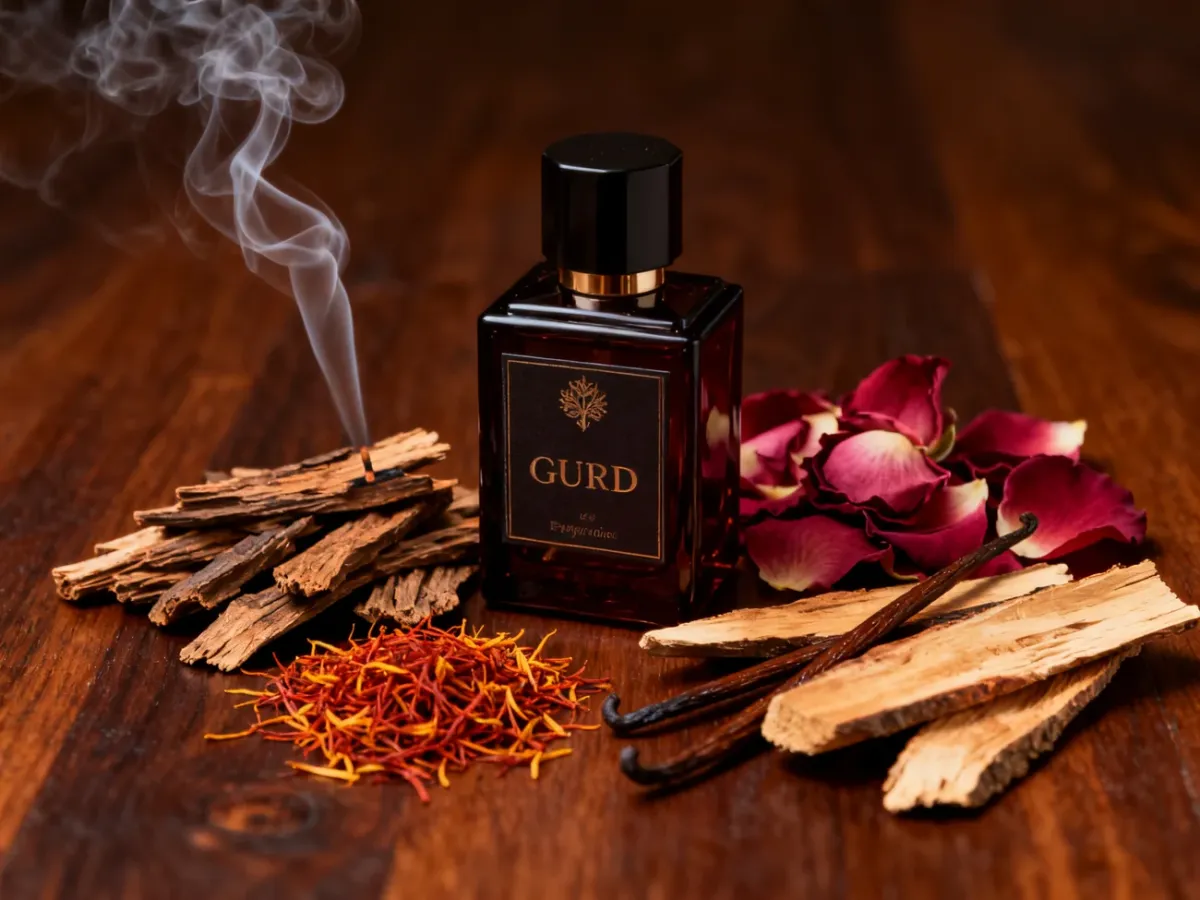 Flakon perfum oud otoczony kawałkami drewna agarowego i orientalnymi składnikami