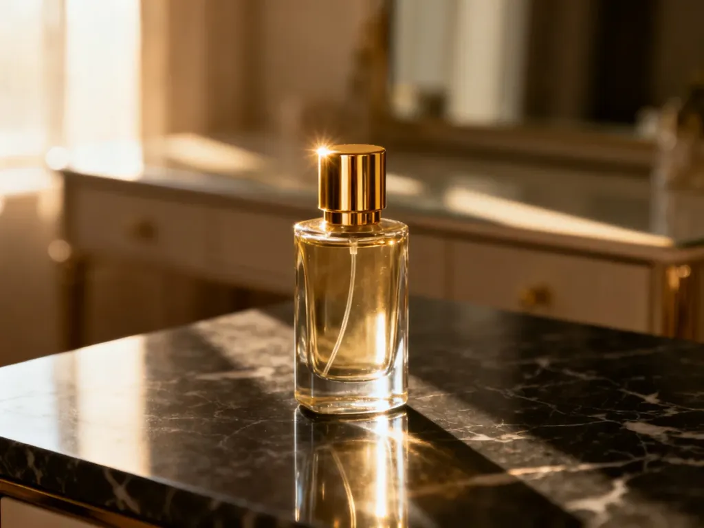 Eleganckie flakony polskich perfum niszowych na ciemnym marmurowym blacie w świetle poranka.