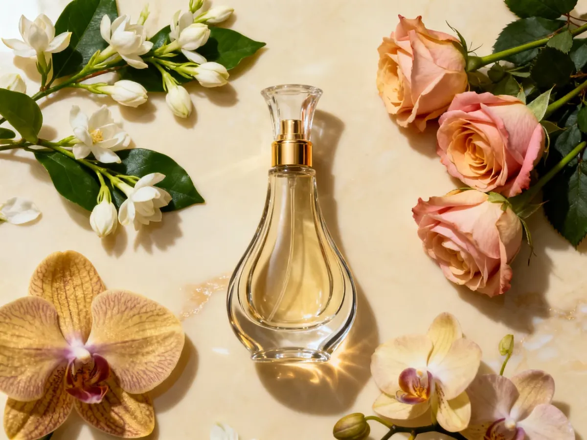 Eleganckie kwiatowe perfumy w otoczeniu róż, jaśminu i orchidei