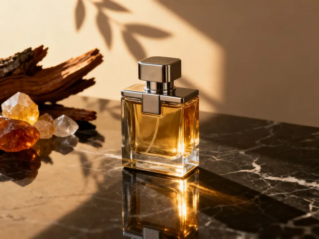 Elegancki flakon męskich perfum na ciemnym marmurowym blacie w promieniach zachodzącego słońca.