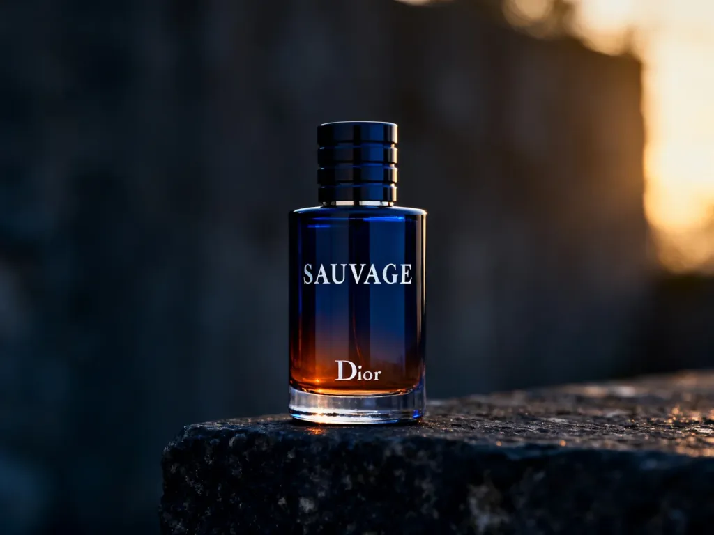 Elegancki flakon perfum Dior Sauvage na kamiennym podłożu w nastrojowym, męskim klimacie.