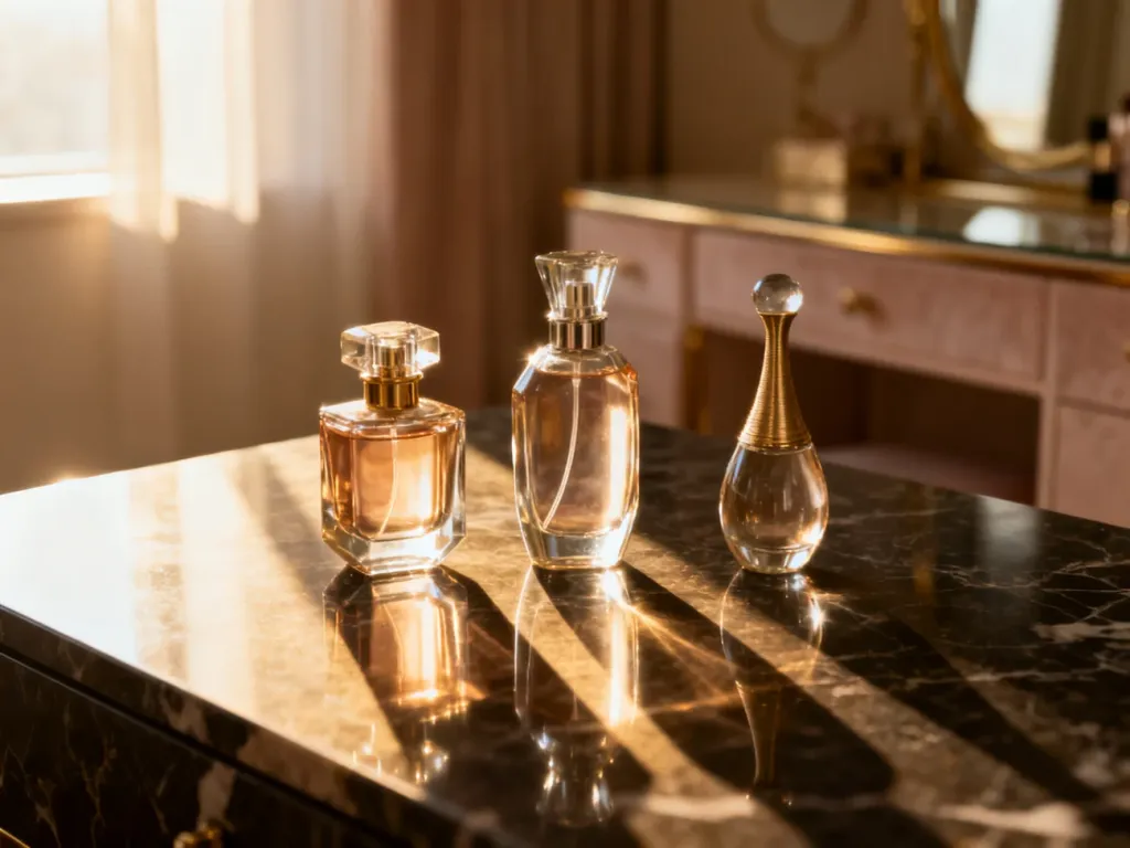 Trzy eleganckie flakony perfum Calvin Klein ustawione na marmurowym blacie w promieniach porannego słońca.