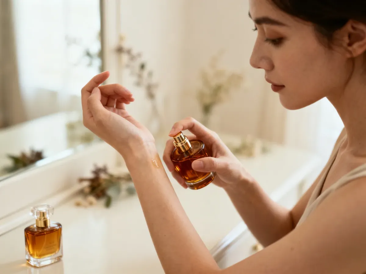 Kobieta testująca ambrowe perfumy na nadgarstku