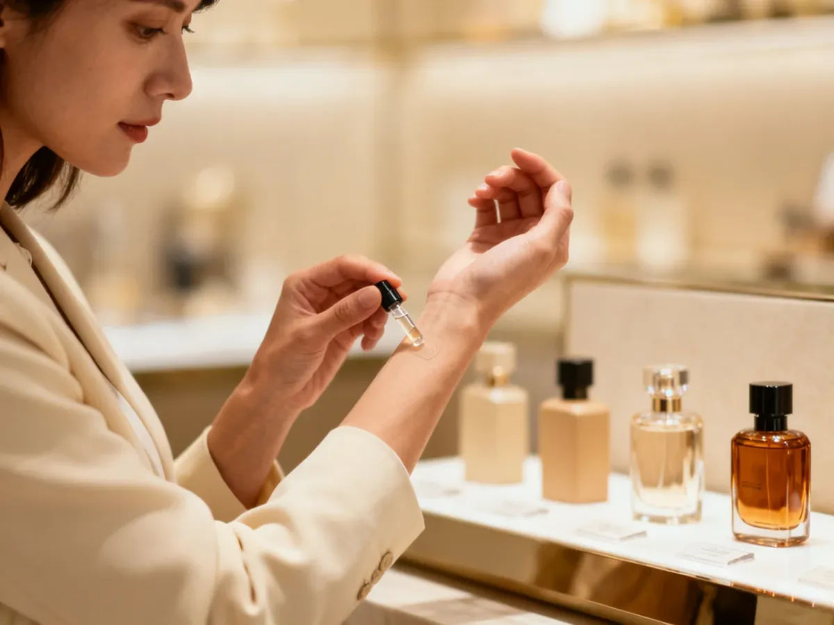 Osoba testująca perfumy na nadgarstku w perfumerii