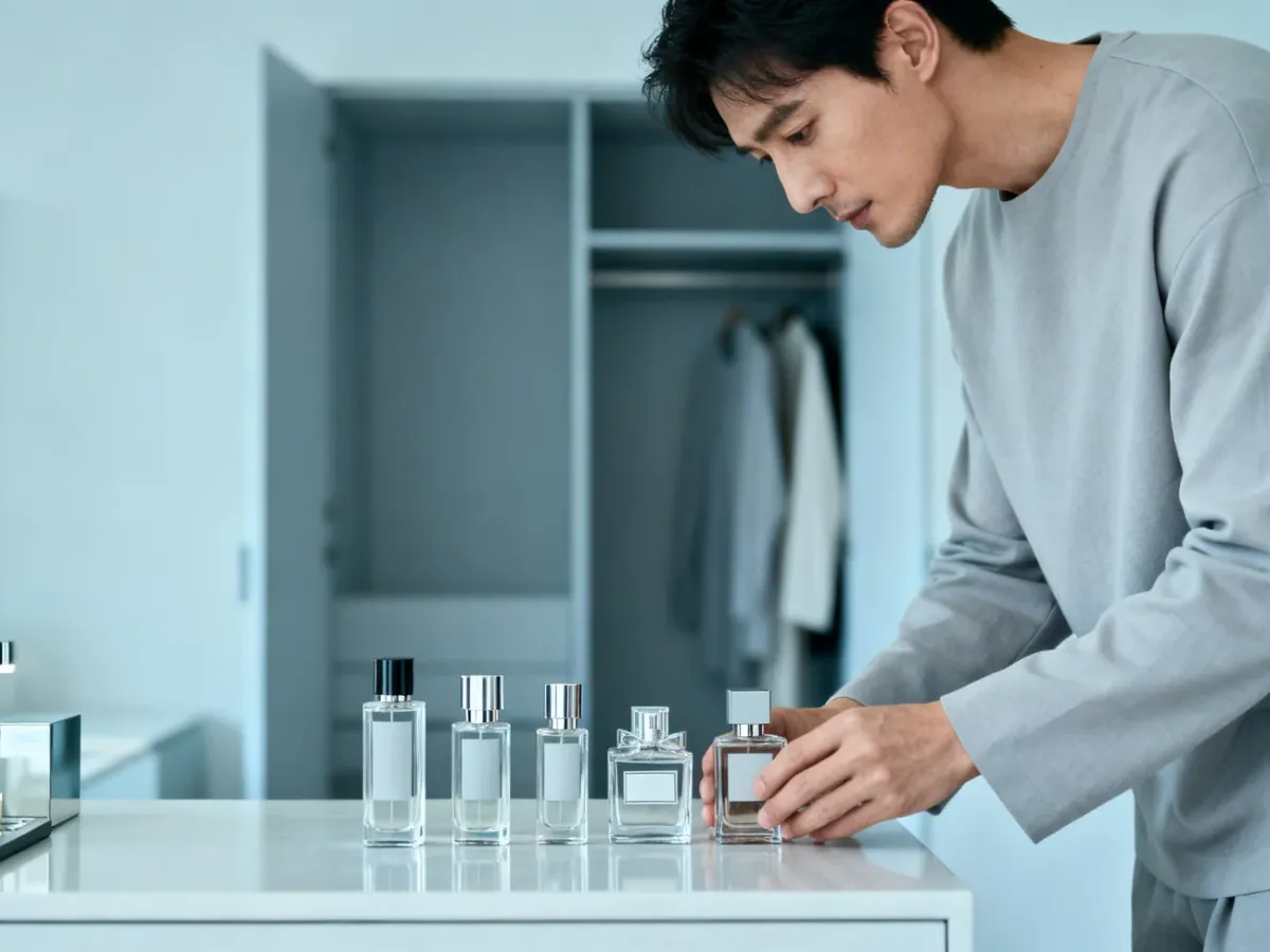 Mężczyzna wybierający perfumy przy minimalistycznej garderobie