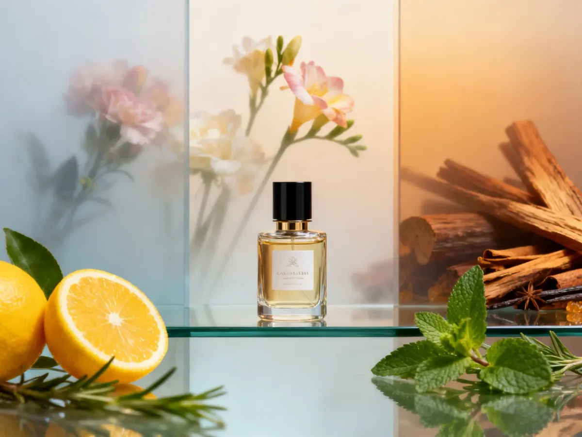 Flakon perfum otoczony cytrusowymi, kwiatowymi i drzewnymi akordami