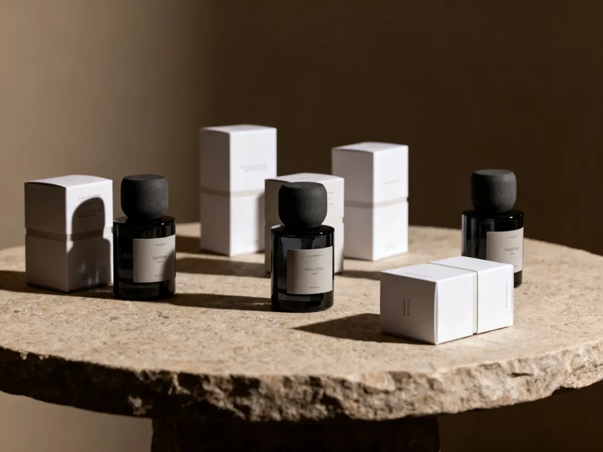 Minimalistyczne flakony perfum niszowych na kamiennym blacie