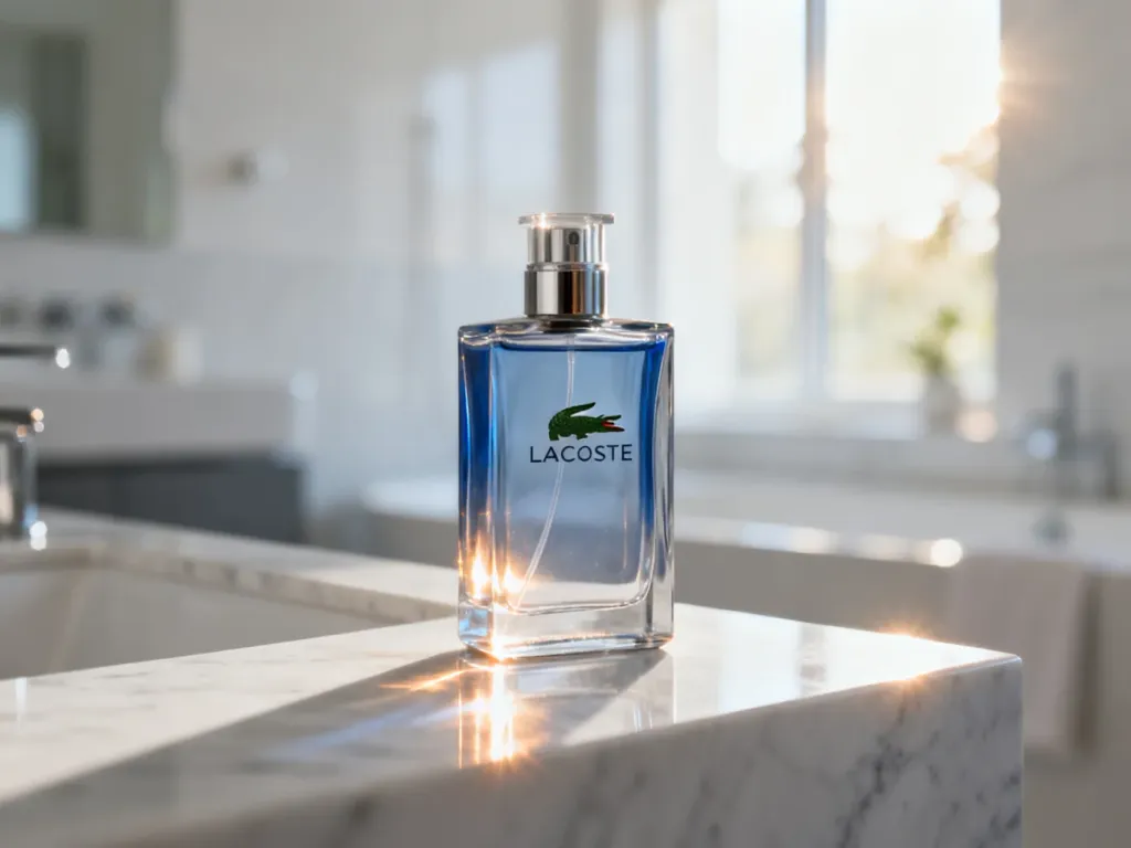 Elegancki flakon perfum Lacoste na marmurowym blacie w jasnej, słonecznej łazience.