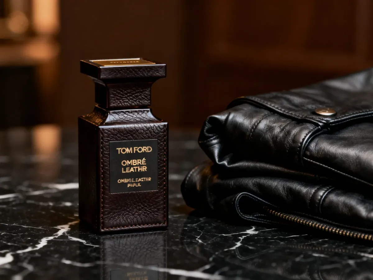 Elegancki flakon skórzanych perfum obok czarnej skórzanej kurtki