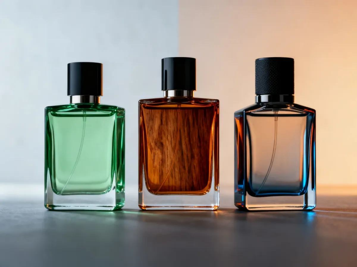Trzy męskie flakony perfum o świeżym, drzewnym i młodzieżowym charakterze