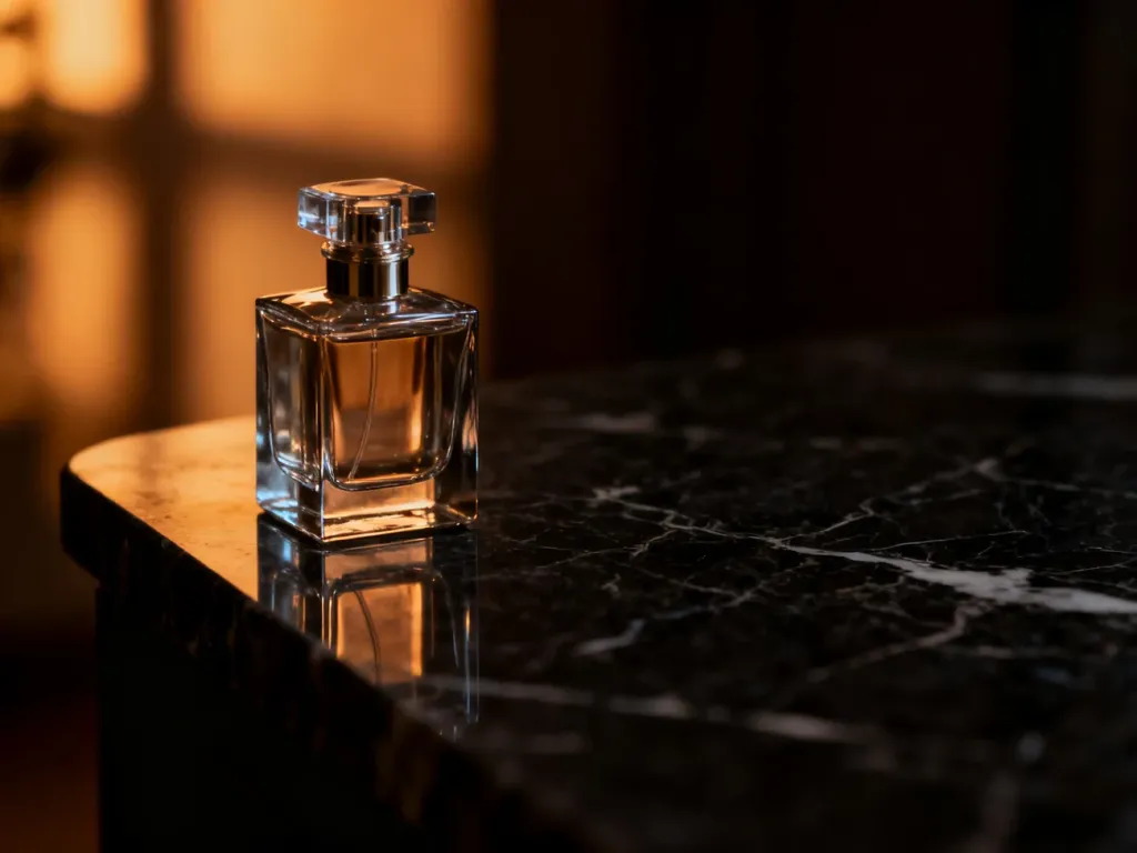 Elegancki flakon męskich perfum na ciemnym marmurowym blacie w nastrojowym, luksusowym oświetleniu.