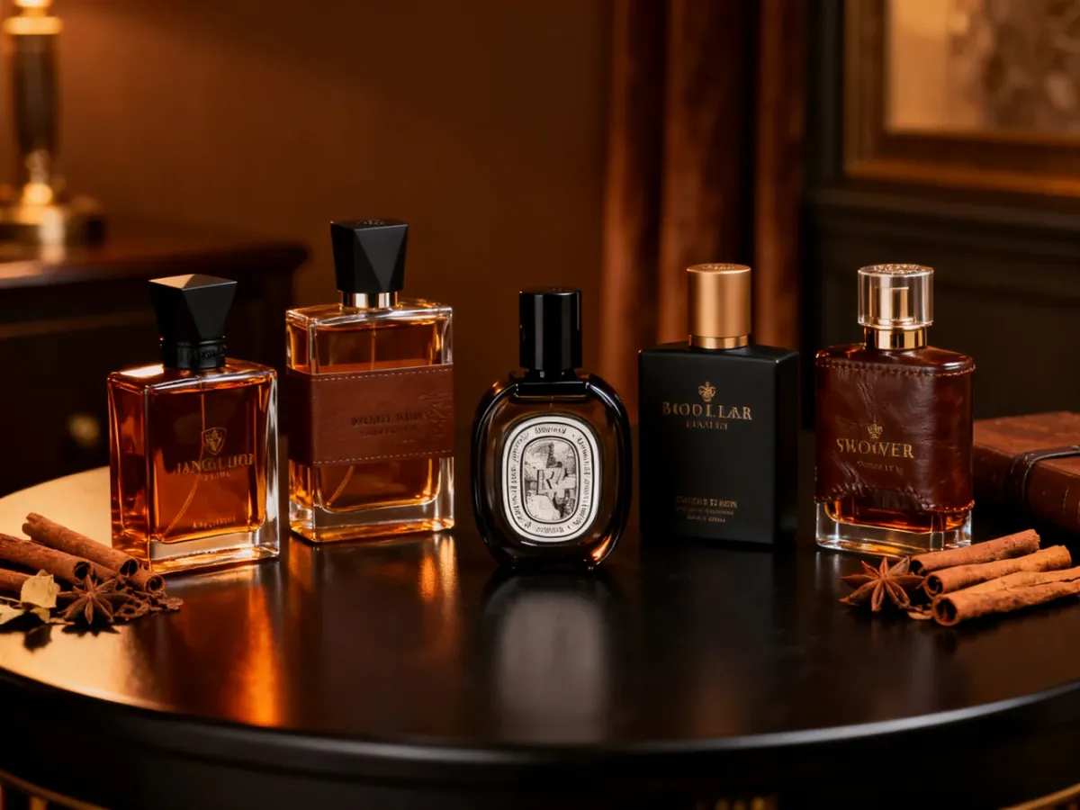 Eleganckie flakony męskich perfum w ciemnej, luksusowej aranżacji