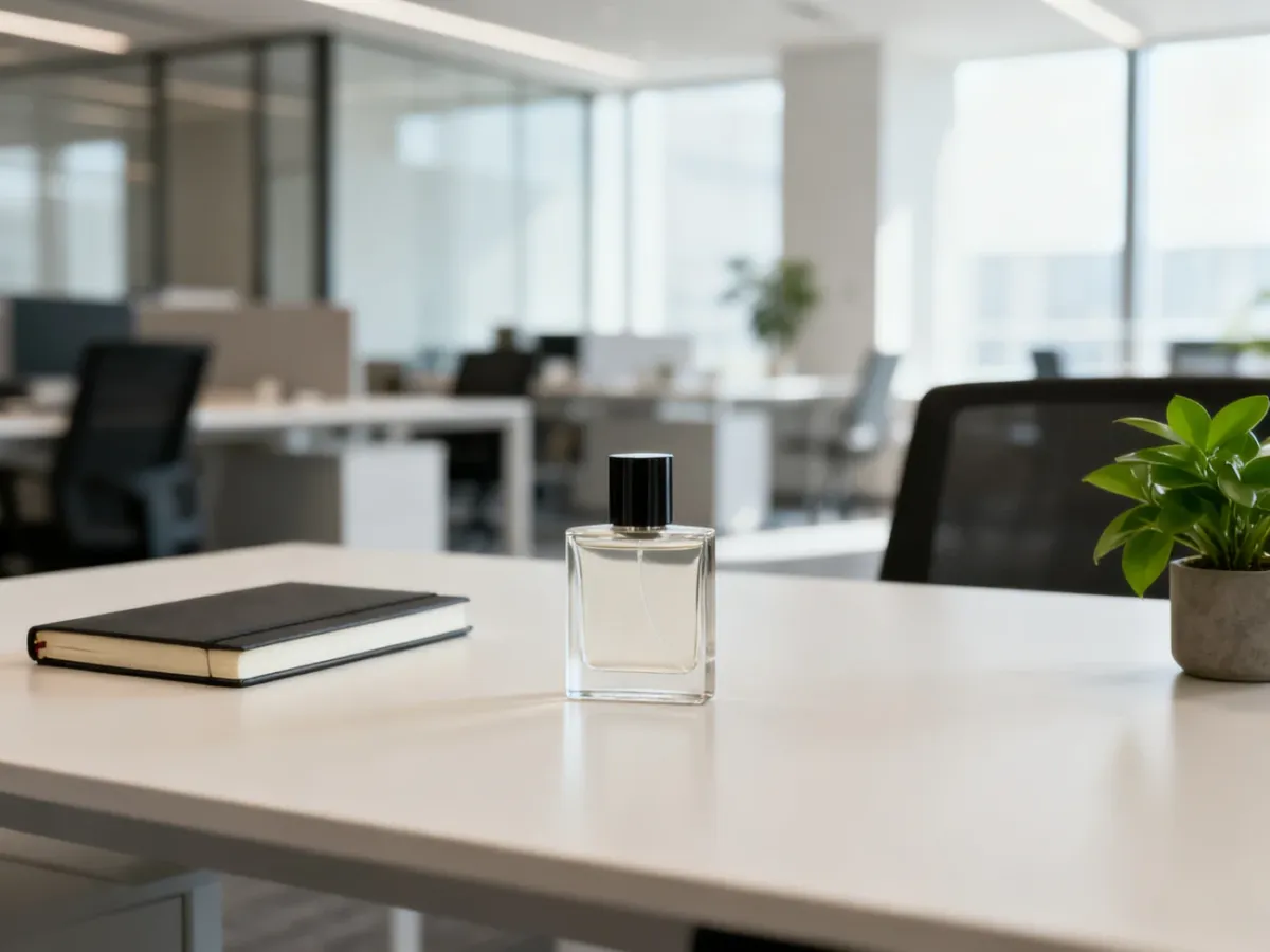 Minimalist perfume bottle on a bright office desk