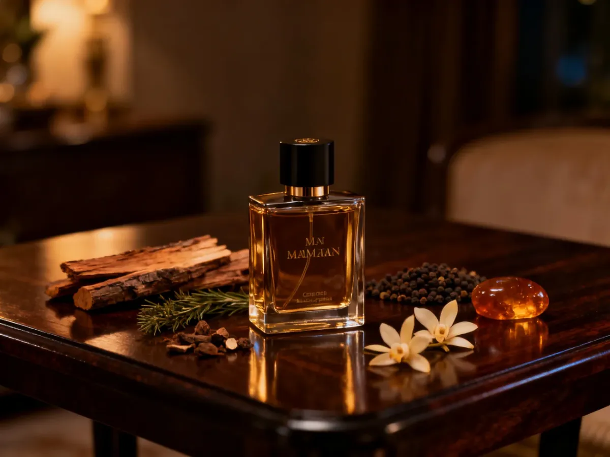 Elegancka kompozycja męskich perfum otoczona drewnem, wanilią i przyprawami