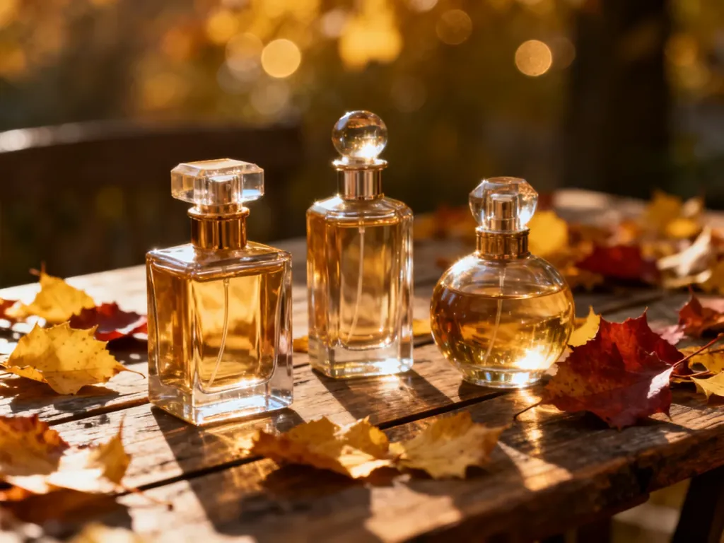 Trzy eleganckie flakony perfum na drewnianym stole pośród jesiennych liści w ciepłym świetle zachodzącego słońca.