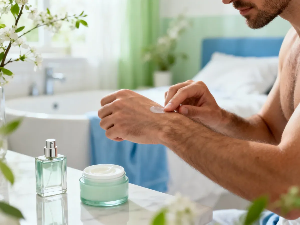 Mężczyzna aplikuje perfumy na nadgarstek po nawilżeniu skóry