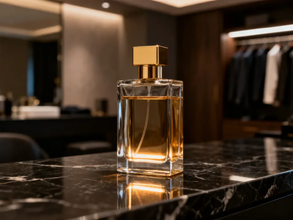 Luksusowy flakon męskich perfum na marmurowym blacie w eleganckim, nowoczesnym wnętrzu.
