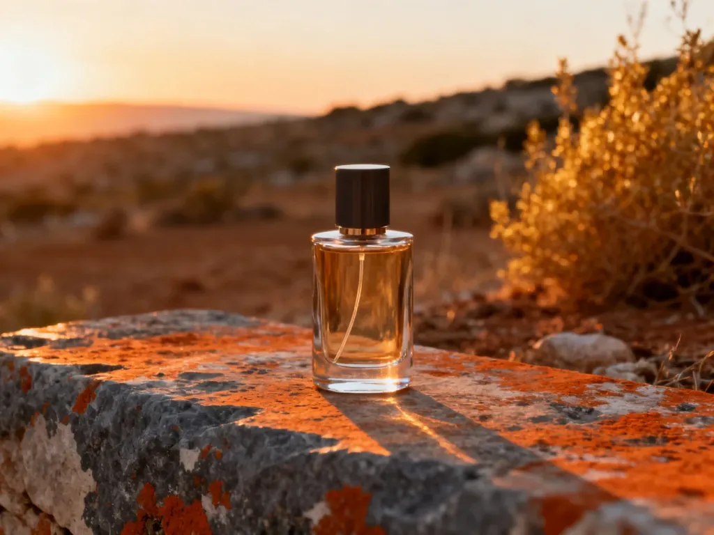 Elegancki flakon perfum Terre d'Hermès na kamiennym podłożu w scenerii śródziemnomorskiego krajobrazu o zachodzie słońca.