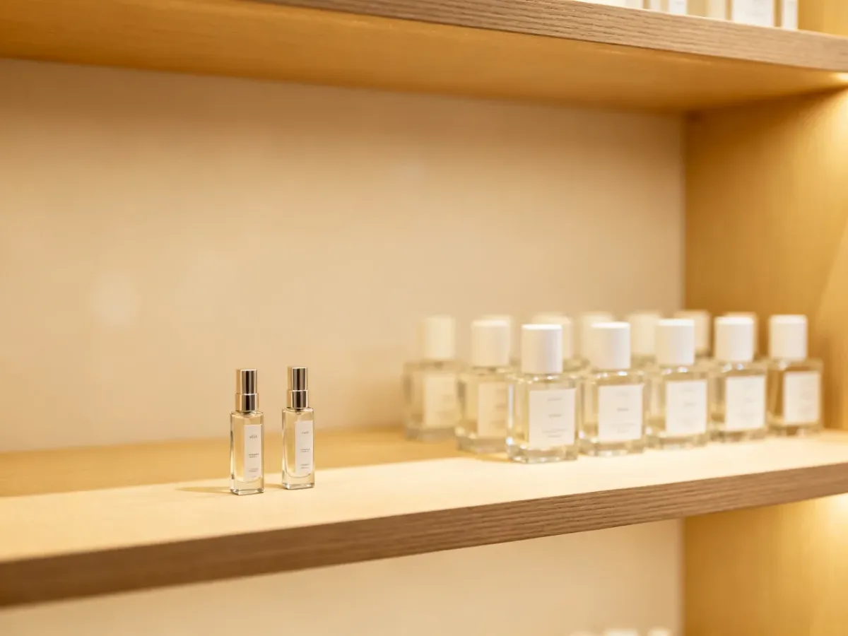 Różnorodna kolekcja flakonów perfum na półce