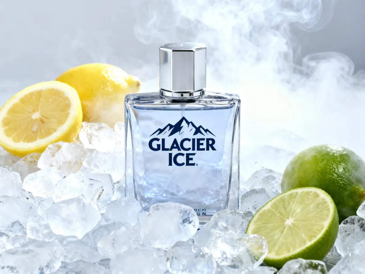 Flakon Glacier Ice w chłodnej scenerii z lodem i cytrusami