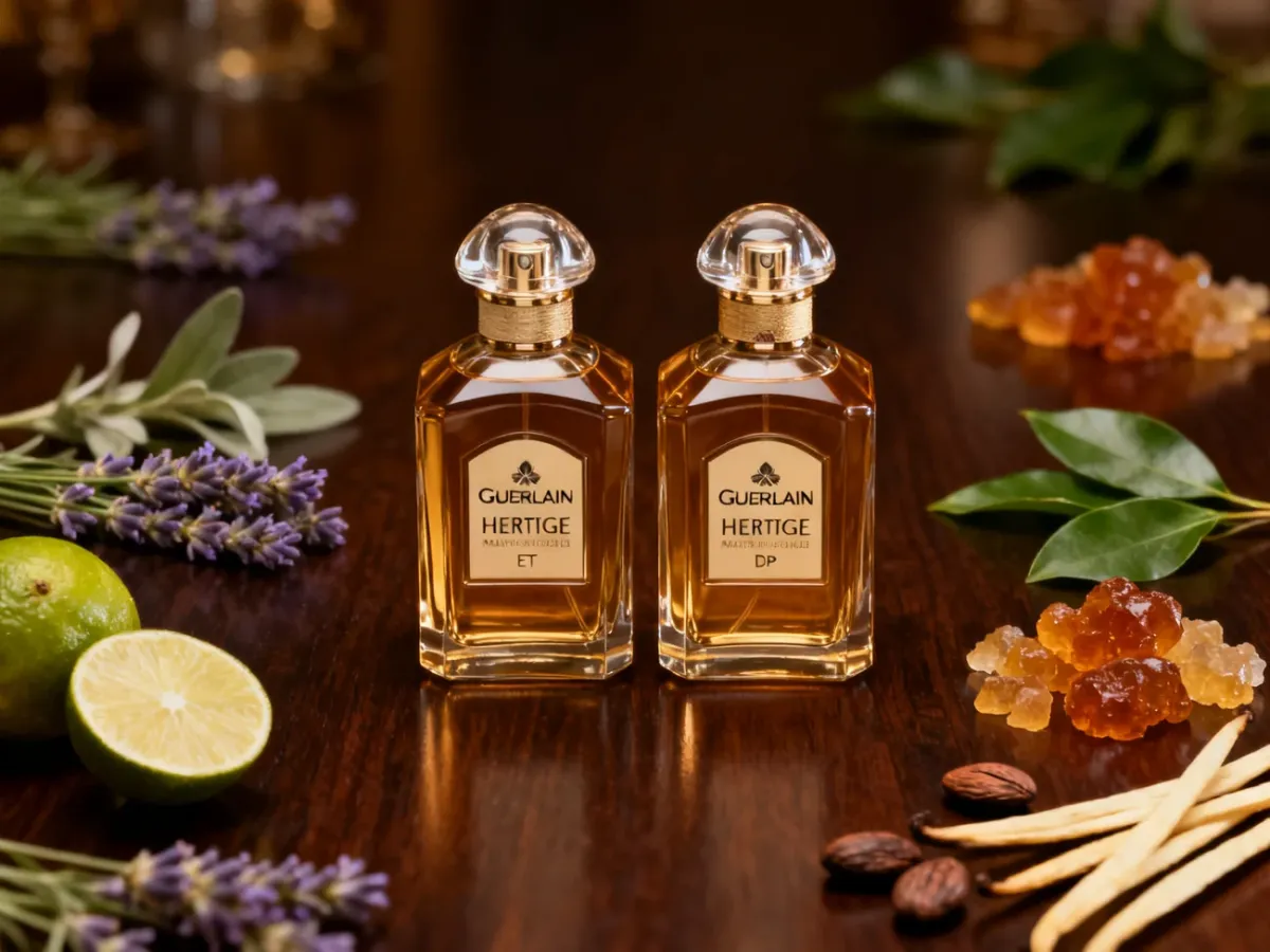 Dwie eleganckie wersje perfum Guerlain Héritage otoczone składnikami zapachowymi