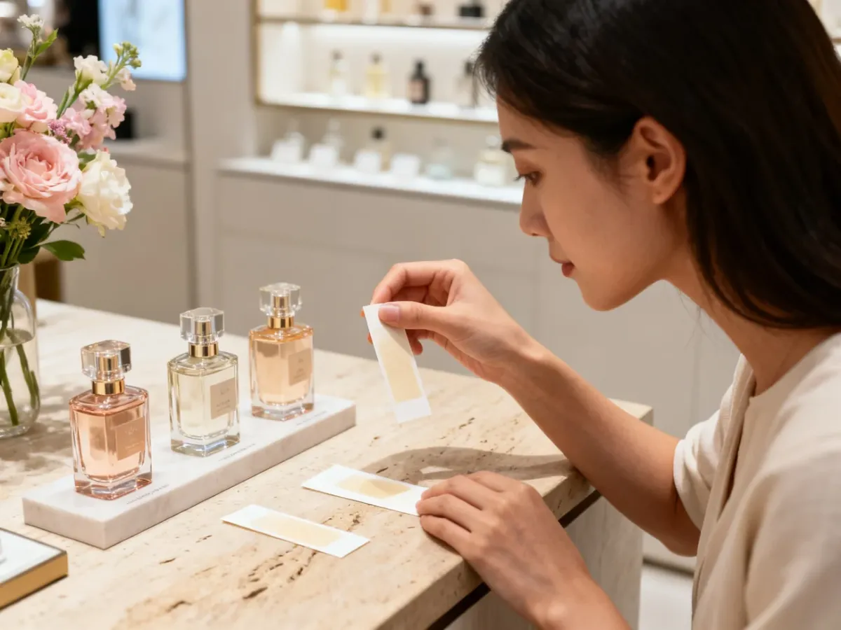 Kobieta testująca perfumy na papierkach w perfumerii