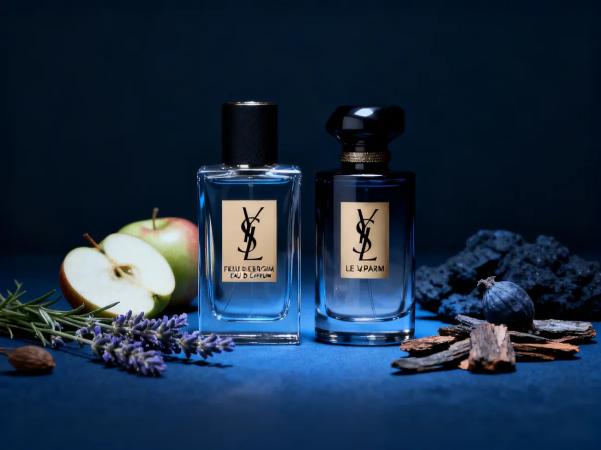 Dwie eleganckie butelki zapachów YSL Y zestawione obok siebie