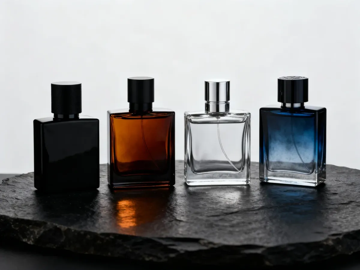 Cztery flakony męskich perfum w eleganckiej aranżacji