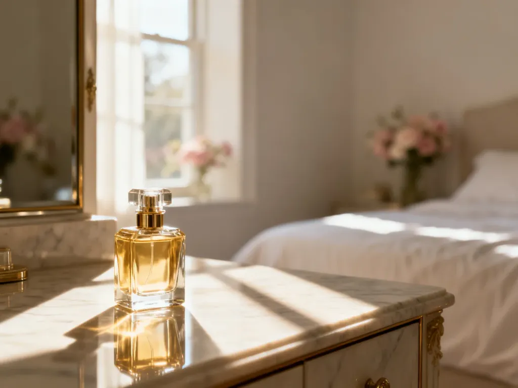 Elegancki flakon perfum na marmurowym blacie w promieniach porannego słońca. Estetyczna aranżacja w pastelowych odcieniach.
