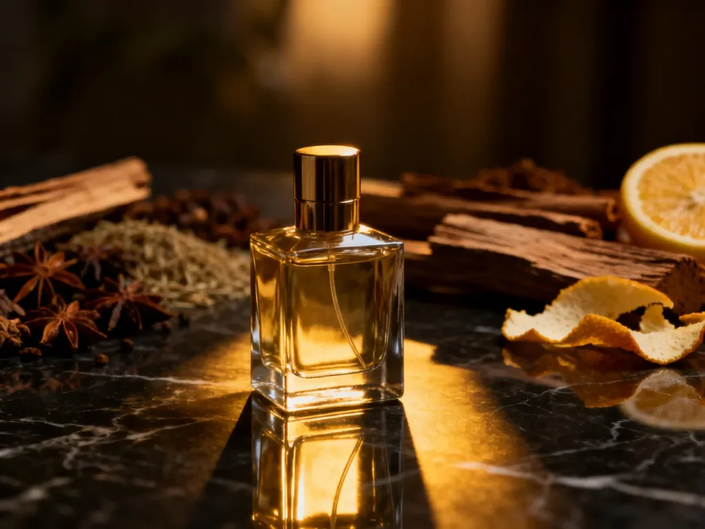 Elegancki flakon perfum na marmurowym blacie w otoczeniu przypraw i drewna sandałowego, podkreślający luksusowy charakter zapachu.
